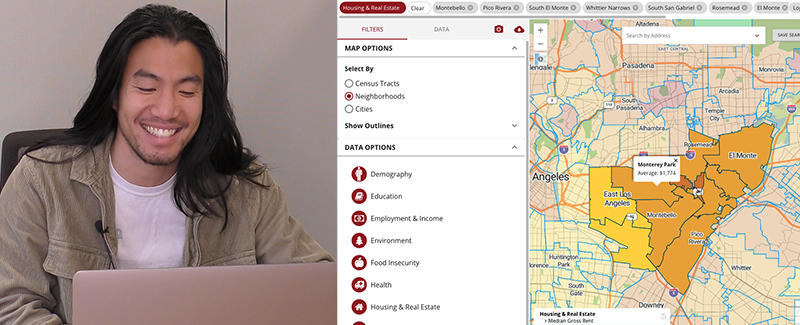 Thumbnail graphic. On the left is a man smiling at a computer. On the right is a screenshot of a mapping tool with neighborhoods and cities in east Los Angeles highlighted.