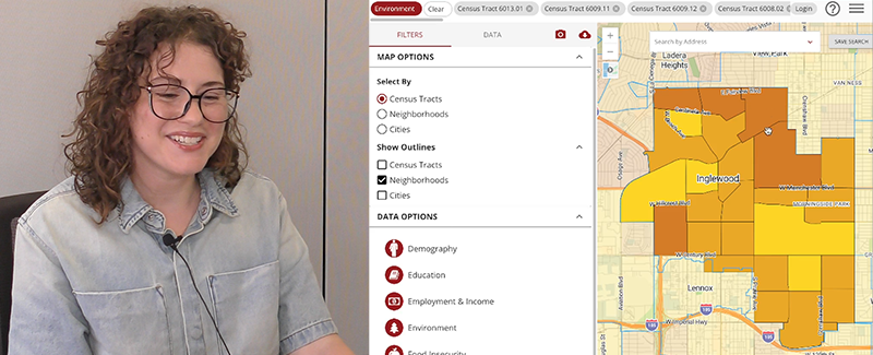 Thumbnail graphic. On the left is a woman smiling at a computer. On the right is a screenshot of a mapping tool with the city of Inglewood highlighted.