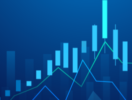Graphic: overlaying bar and line charts in light blue and green trending upwards over a dark blue background.
