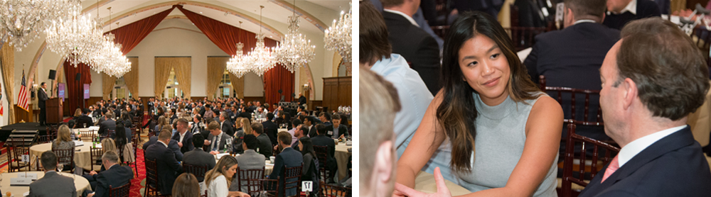 Two photos side by side. Left photo: wide angle view of Town and Gown ballroom with seated guests center, chandeliers above, red curtains at the back of the room, and a speaker at the podium, left. Right photo: Looking over the shoulder of a white man with brown hair in professional dress, a student with Asian heritage, center, leans to listen in while seated at a table.