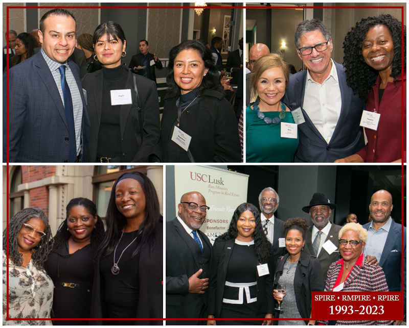 Four photos with a USC red rectangular border. At the bottom right of the border is white text that reads 1993-2023. The photos all contain groups of three or four people dressed in business attire smiling for a photo at a networking event.